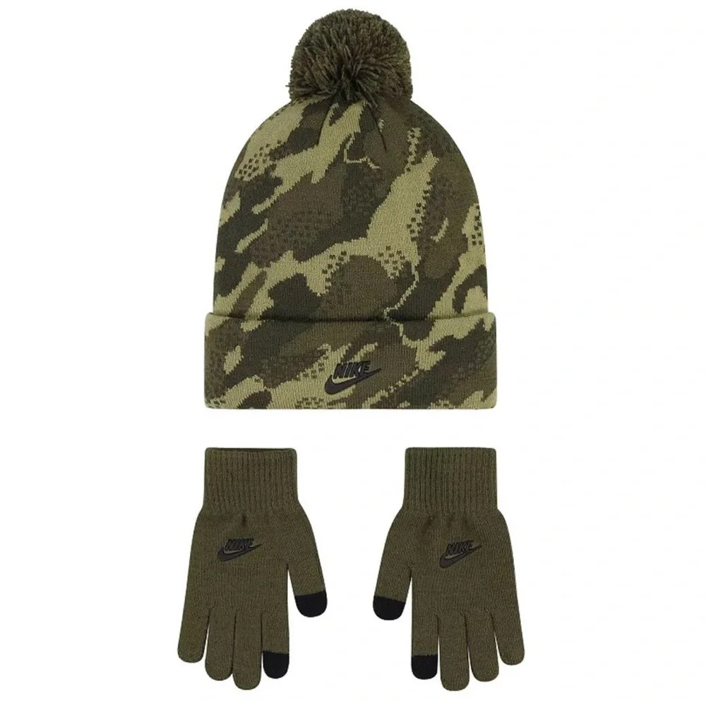 NEW Youth Boys 8-20 Nike Green Camo Pom Beanie Hat & Gloves Set